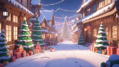 The primary subject of the image is a snow-covered street with a row of Christmas trees lining the sidewalk. The setting is a wintery village with a festive atmosphere. The visual style is a digital art or illustration, creating a warm and cozy environment. The colors and mood are predominantly white and blue, with the snow and lights adding a touch of warmth to the scene.